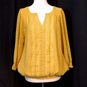 NWOT Christopher & Banks Gold/Yellow LS V-Neck Top, Polka Dots/Ruffles/Lace Sz M